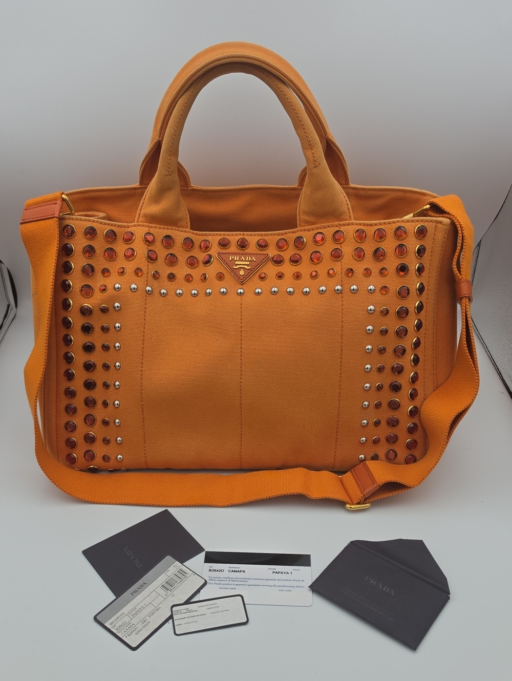 Prada Orange Papaya Canapa Gromment & Studded Large Tote (COA/HARD CARD)(EUC)🧡✨